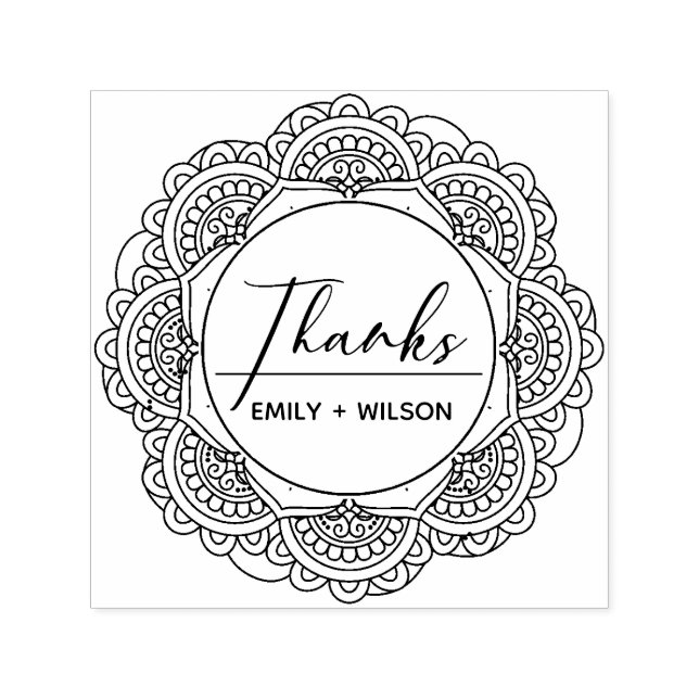 CLASSY ORNATE MANDALA CUSTOM SCRIPT THANKS WEDDING SELF-INKING STAMP (Design)