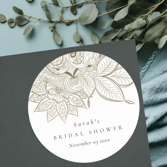 Classy Ornate Paisley Ivory Gold Bridal Shower Classic Round Sticker (Creator Uploaded)