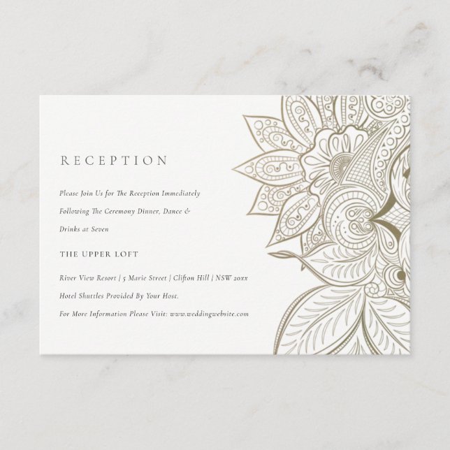 Classy Ornate Paisley Ivory Gold Wedding Reception Enclosure Card (Front)