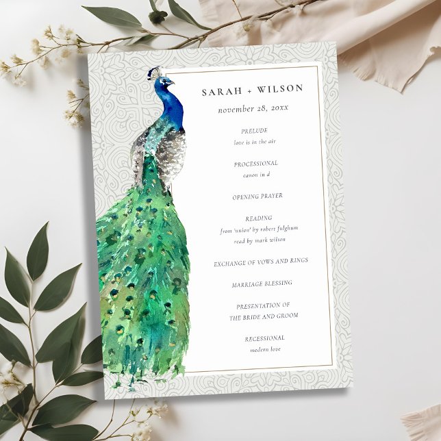 Classy Ornate Watercolor Peacock Wedding Program (Creator Uploaded)