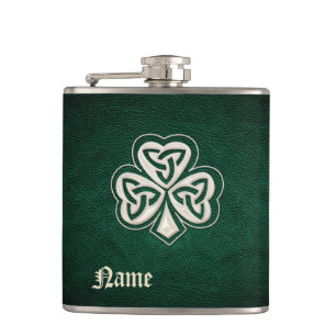 Classy pearl lucky shamrock leather personalized hip flask