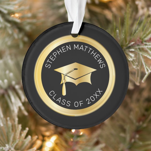 Classy Personalized Gold Graduation Cap and Tassel Ornament (Tree)
