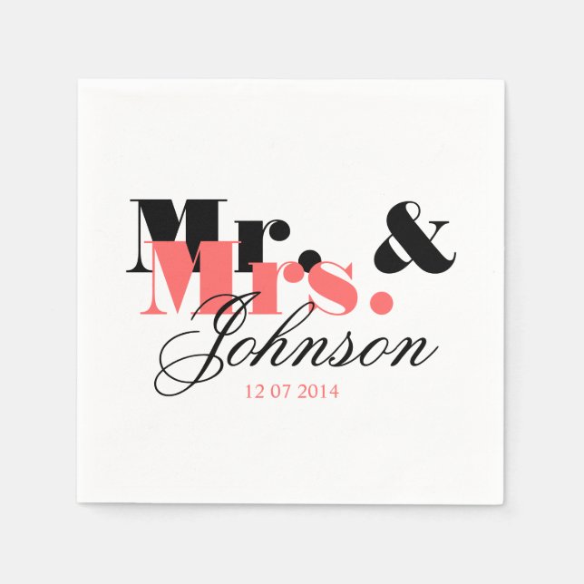Classy personalized Mr and Mrs wedding napkins (Front)
