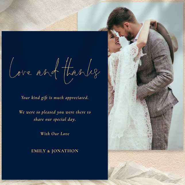 Classy Photo Wedding Love Thanks Script Navy Gold Card (Front and back view)