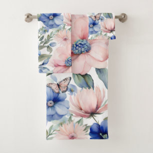 Classy Pink & Blue Flower Bunch Bath Towel Set
