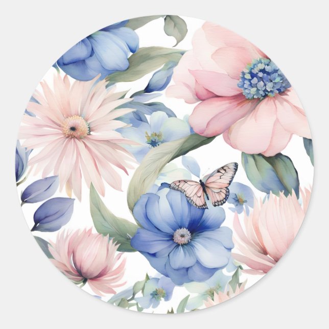 Classy Pink & Blue Flower Bunch Classic Round Sticker (Front)