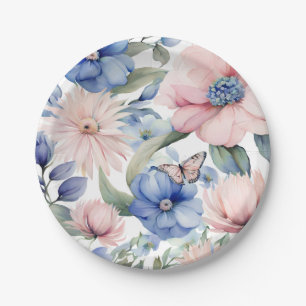 Classy Pink & Blue Flower Bunch Paper Plate