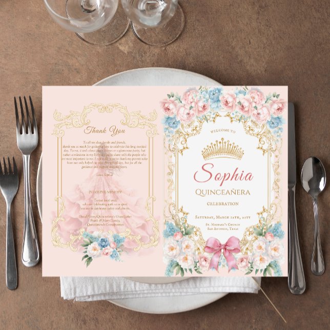 Classy Pink Bow Floral Quinceanera Program (Classy Pink Blue Floral Quinceanera Program)