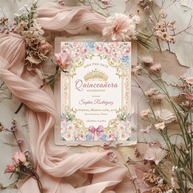 Classy Pink Bow Floral Quinceanera Save the Date  Announcement (Classy Pink Blue Floral Quinceanera Save the Date Announcement)