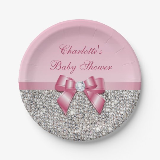 Classy Pink Bow Silver Sequins Baby Shower 7 Inch Paper Plate
