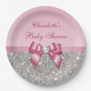 Classy Pink Bow Silver Sequins Baby Shower Paper Plate