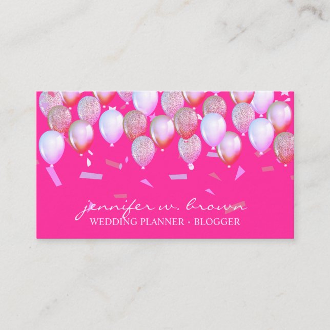 Classy Pink Confetti Flying Balloon Party Style Business Card (Front)