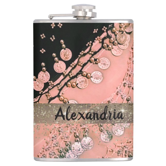 Classy Pink Coral and Black Gypsy Scarf           Hip Flask (Front)