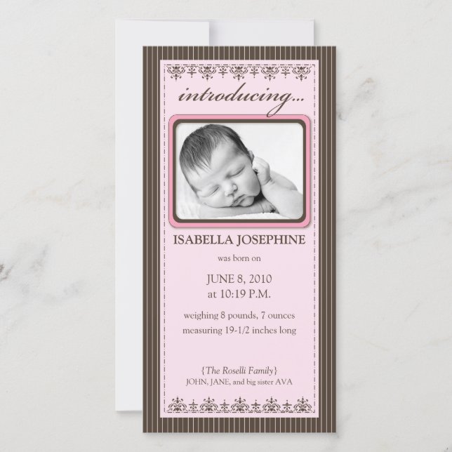 Classy Pink Customized Birth Announcement (Front)