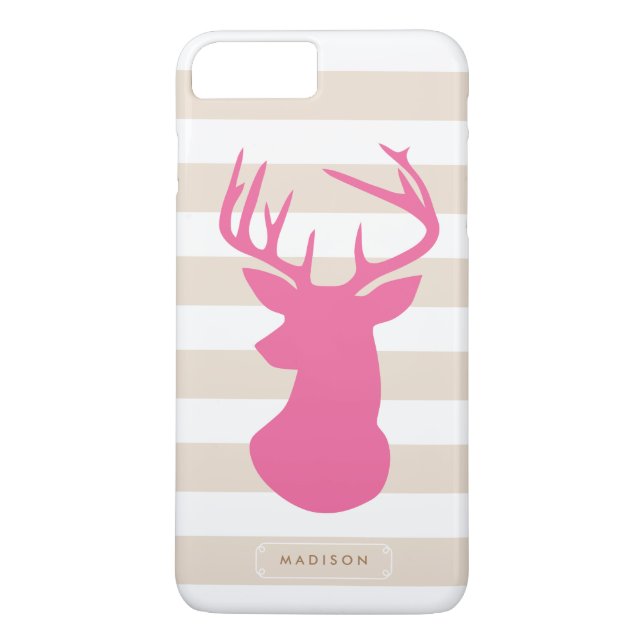 Classy Pink Deer Head Linen Stripes Personalized Case-Mate iPhone Case (Back)