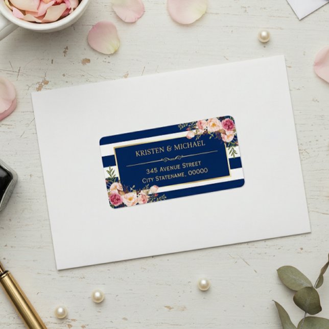 Classy Pink Floral Gold Navy Blue Stripes Label (Creator Uploaded)