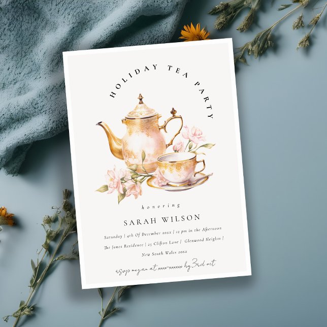 Classy Pink Gold Floral Tea Set Holiday Tea Party  Invitation (Creator Uploaded)