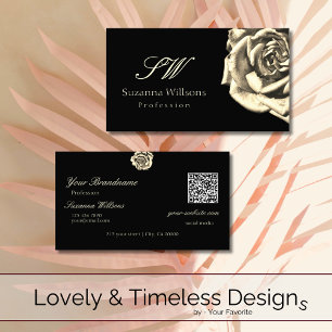 Classy Plain Black Beige Rose Initials QR Code Business Card