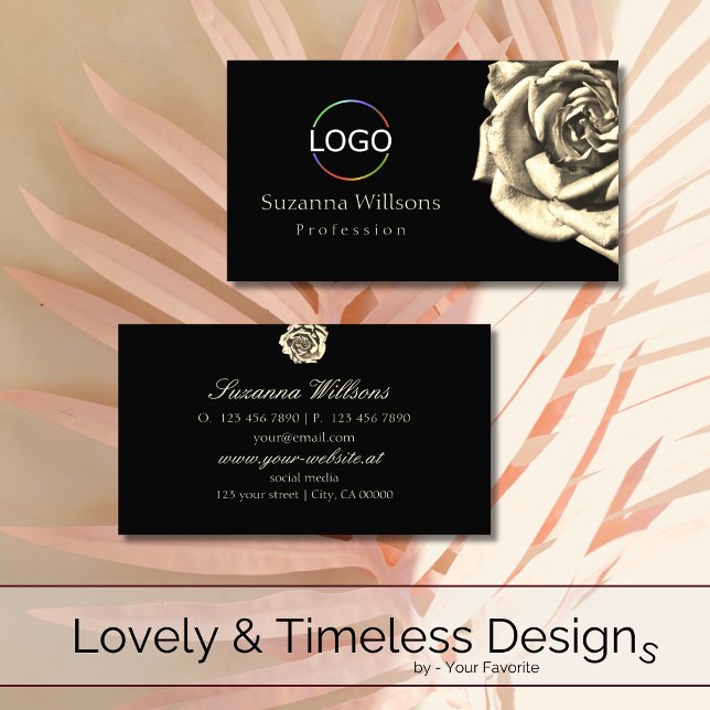 Classy Plain Black Beige Rose with Logo Simple Business Card (Creator Uploaded)