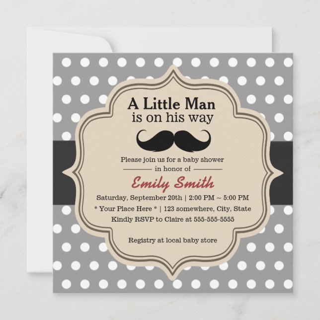 Classy Polka Dots Moustache Little Man Baby Shower Invitation (Front)