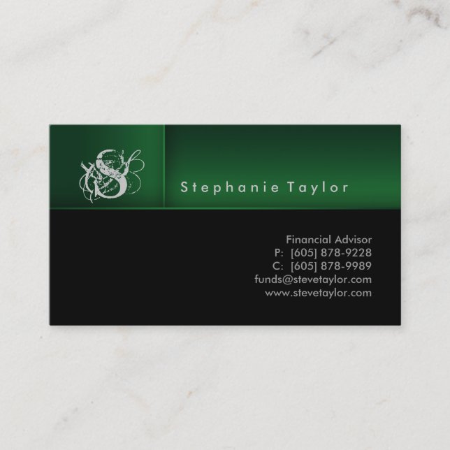 Classy Professional Black Green Business Card (Front)