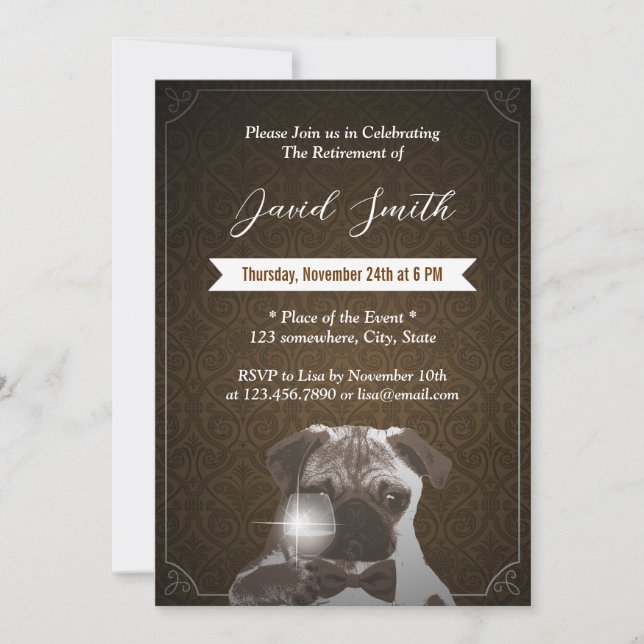 Classy Pug & Wine Retirement Party Invitations (Front)