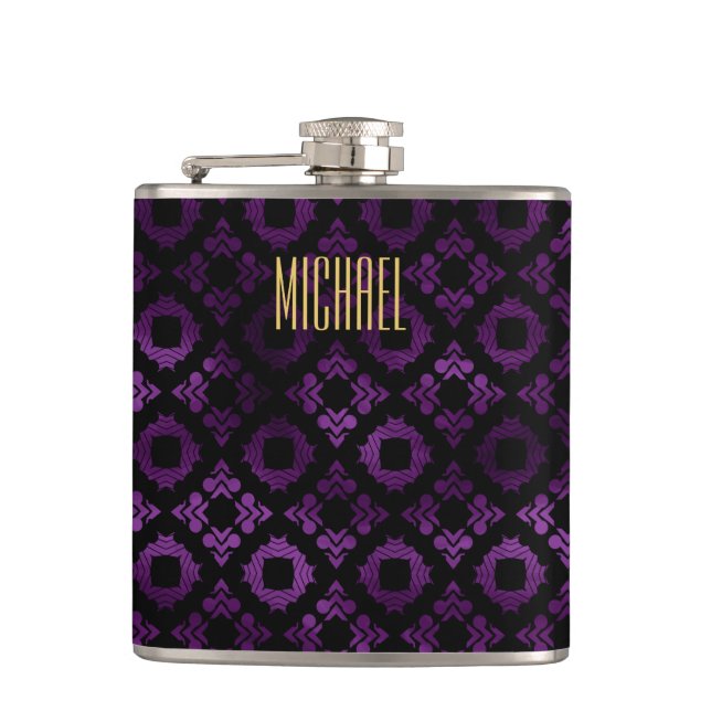 Classy Purple, Black, and Gold Hip Flask (Front)