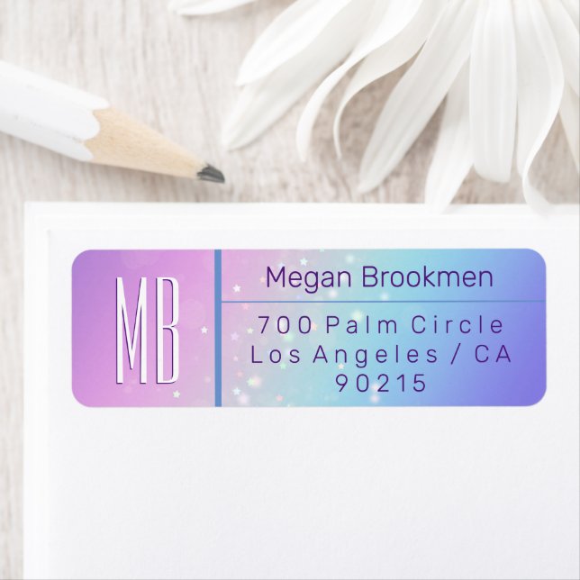 Classy Purple & Blue Bokeh Star Monogram Address (Insitu)