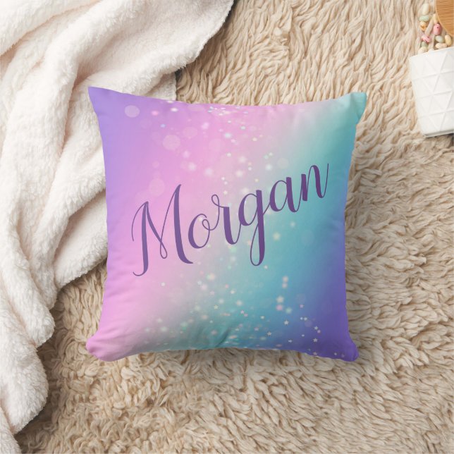 Classy Purple & Blue Bokeh Star, Name or Monogram  Throw Pillow (Blanket)
