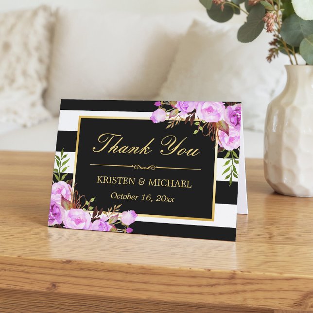 Classy Purple Floral Black White Stripes Thank You (Creator Uploaded)