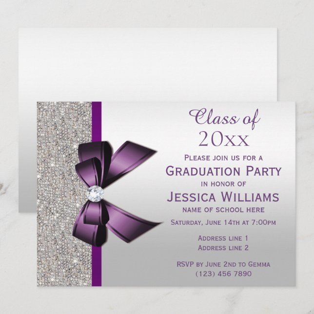 Classy Purple Gem Bow, Silver Sequins Graduation Invitation (Front/Back)