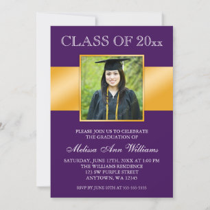 Classy Purple Gold Photo Graduation Announcement
