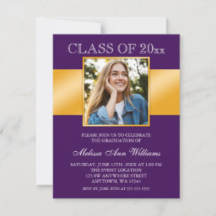 Classy Purple Gold Photo Graduation Announcement