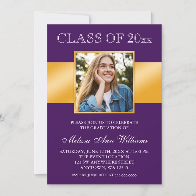 Classy Purple Gold Photo Graduation Announcement (Front)