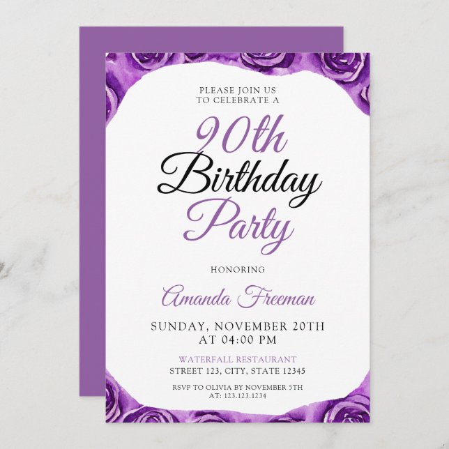 Classy Purple Rose 90th Birthday Invitation (Front/Back)