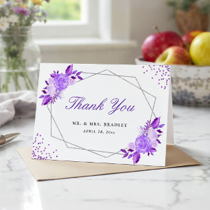 Classy Purple Silver Frame Floral Thank You Card