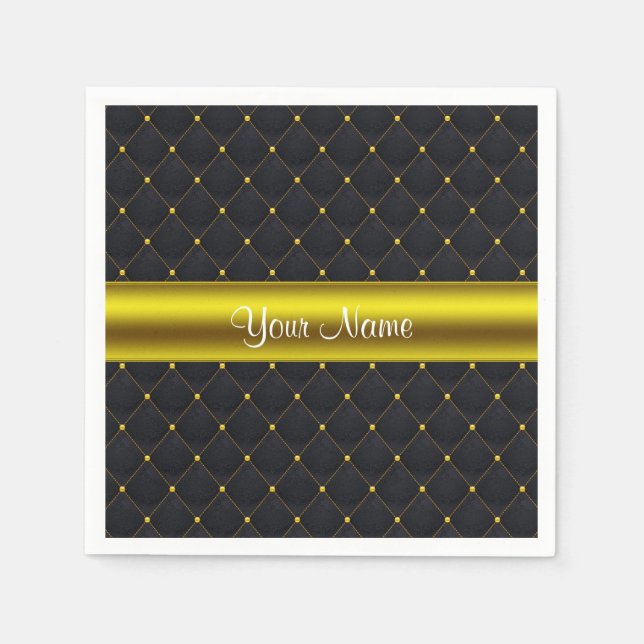 Classy Quilted Black and Gold Personalized Napkin (Front)