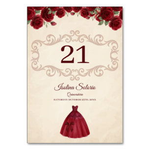 Classy Quinceanera Red Roses Floral Burgundy Table Number