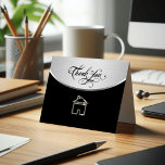 Classy Real Estate Thank You Cards<br><div class="desc">Upscale real estate thank you note cards with simulated metallic looking emblem digitally printed in the background, and the words Thank You along with a printed silver house symbol and thank you message on the inside that you can personalize to your liking. Thank your new customers or existing customers. Designed...</div>