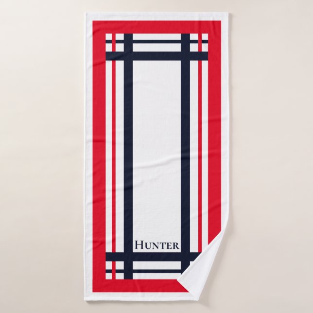 Classy Red and Navy Striped Monogrammed Bath Towel Set (Bath Towel)