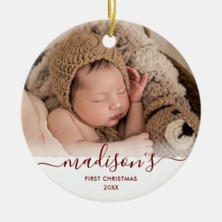 Classy Red Baby's 1st Christmas 2 Photo Name Ceramic Ornament