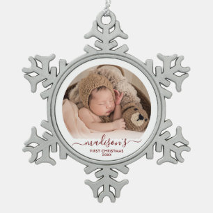 Classy Red Baby's 1st  Snowflake Pewter Christmas Ornament