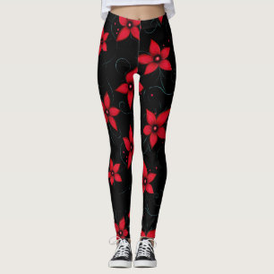 Classy Red Black Flowers Leggings