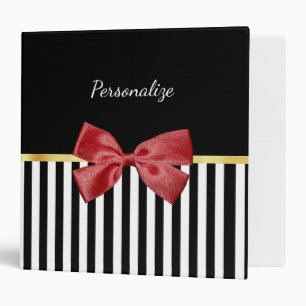 Classy Red Bow Black and White Stripes With Name Binder