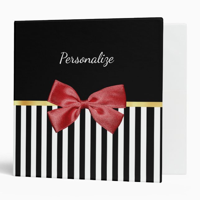 Classy Red Bow Black and White Stripes With Name Binder (Front/Inside)
