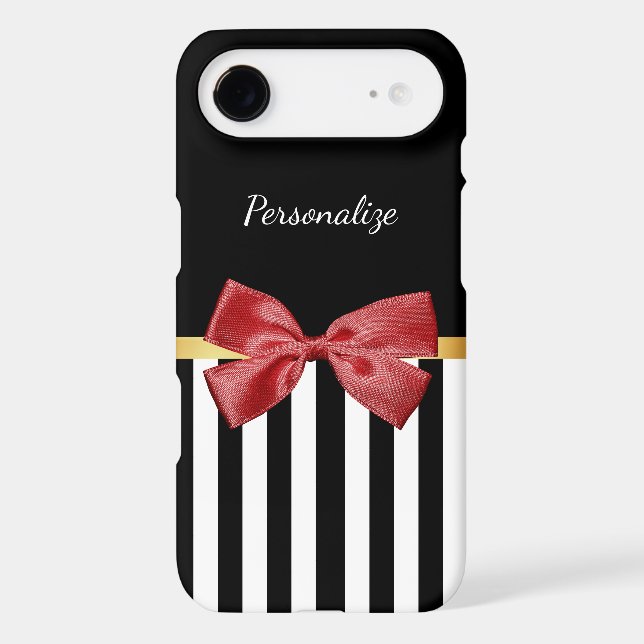 Classy Red Bow Black and White Stripes With Name Case-Mate iPhone Case (Back)