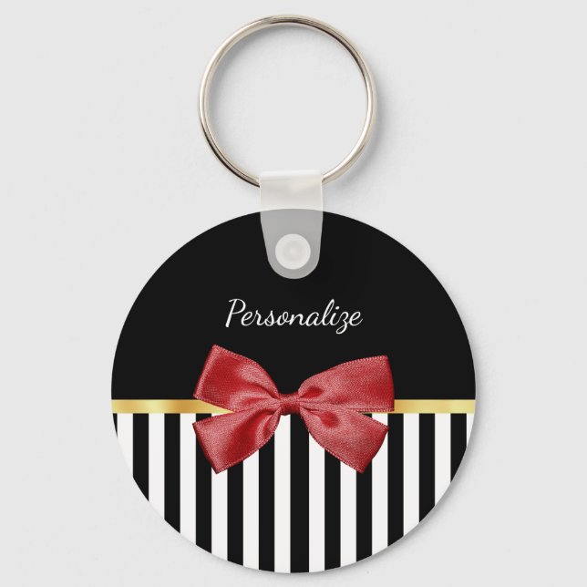 Classy Red Bow Black and White Stripes With Name Keychain (Front)