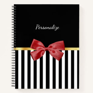 Classy Red Bow Black and White Stripes With Name Notebook