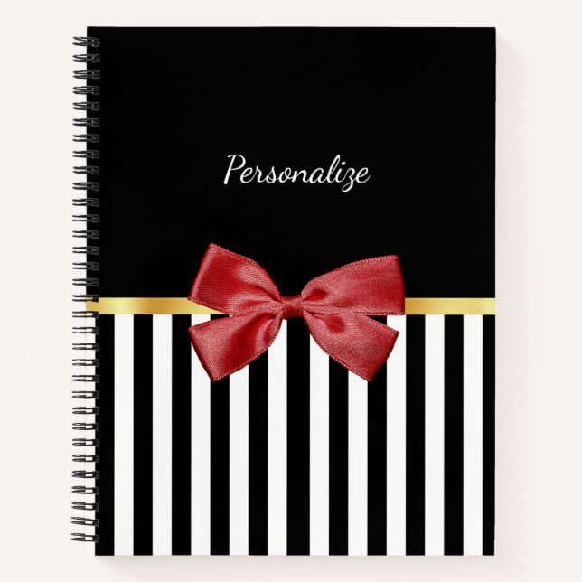 Classy Red Bow Black and White Stripes With Name Notebook (Front)