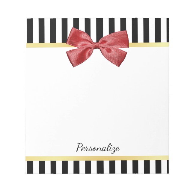 Classy Red Bow Black and White Stripes With Name Notepad (Front)